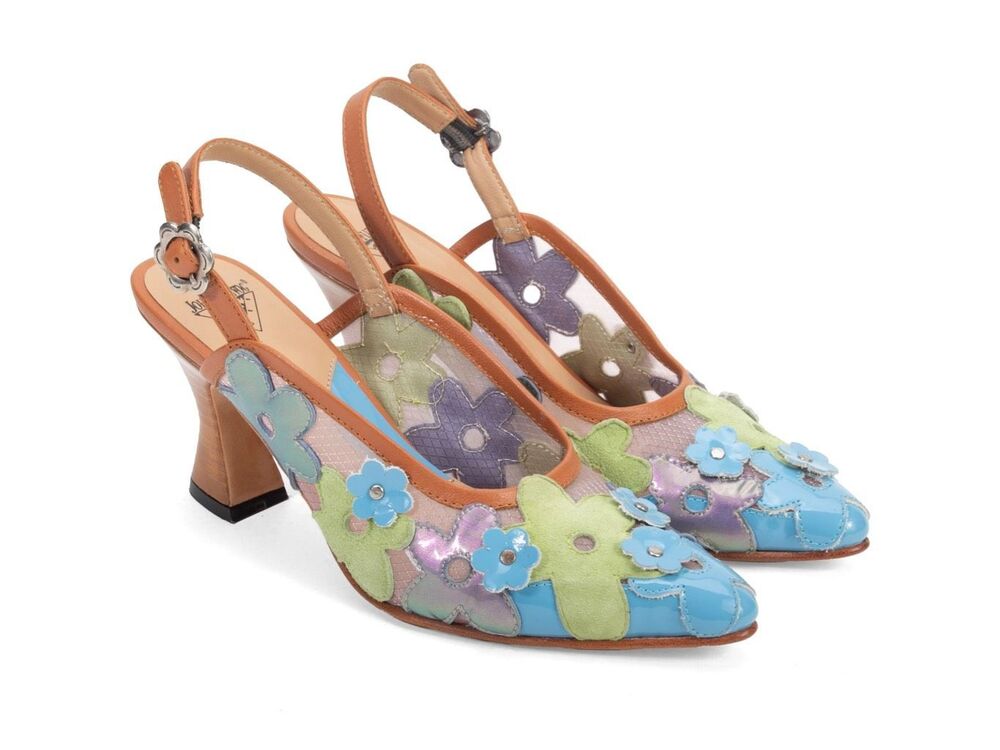 John Flueflog size 7.5 Kiernan mesh sling back floral heels - EUC